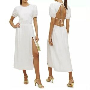 Reformation Linen Midi Dress Open Back Puff‎ Sleeve White Size 12